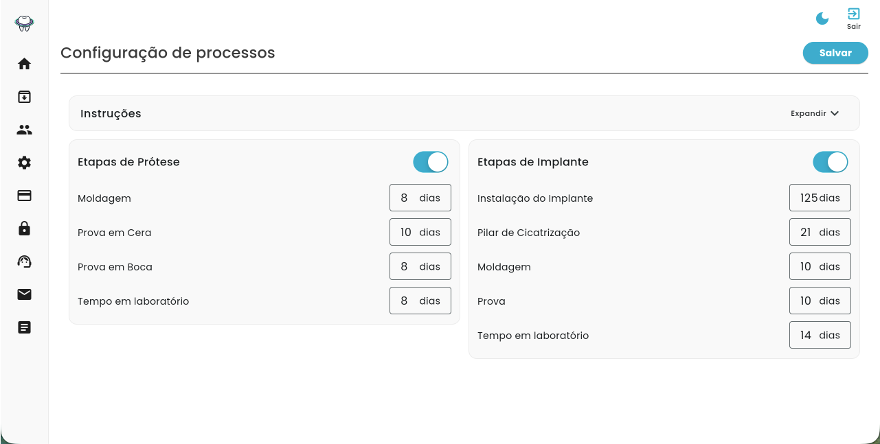 Tela de configuração de processos com prazos por etapa.