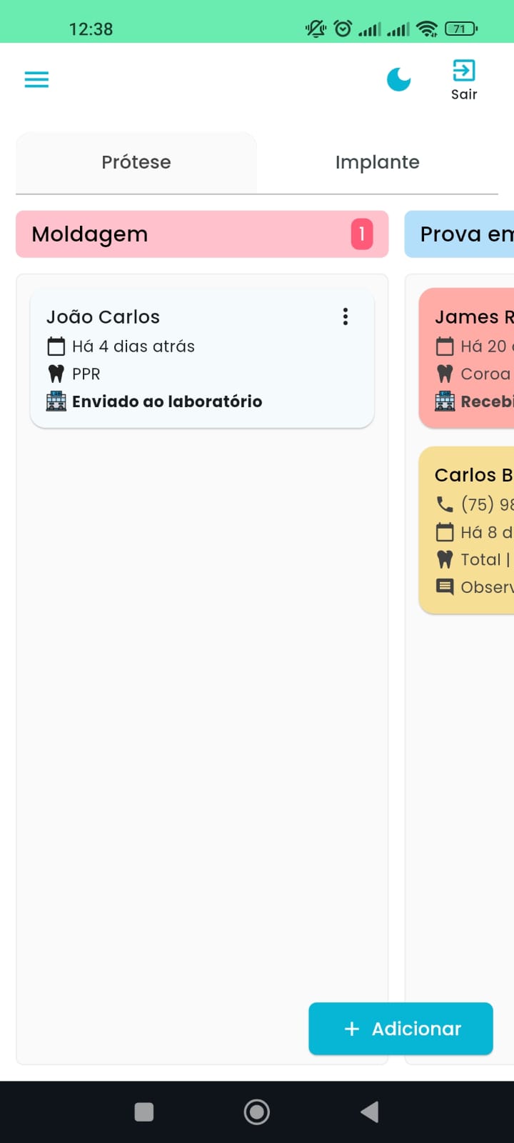 Interface responsiva do Status Prótese em um celular Android.